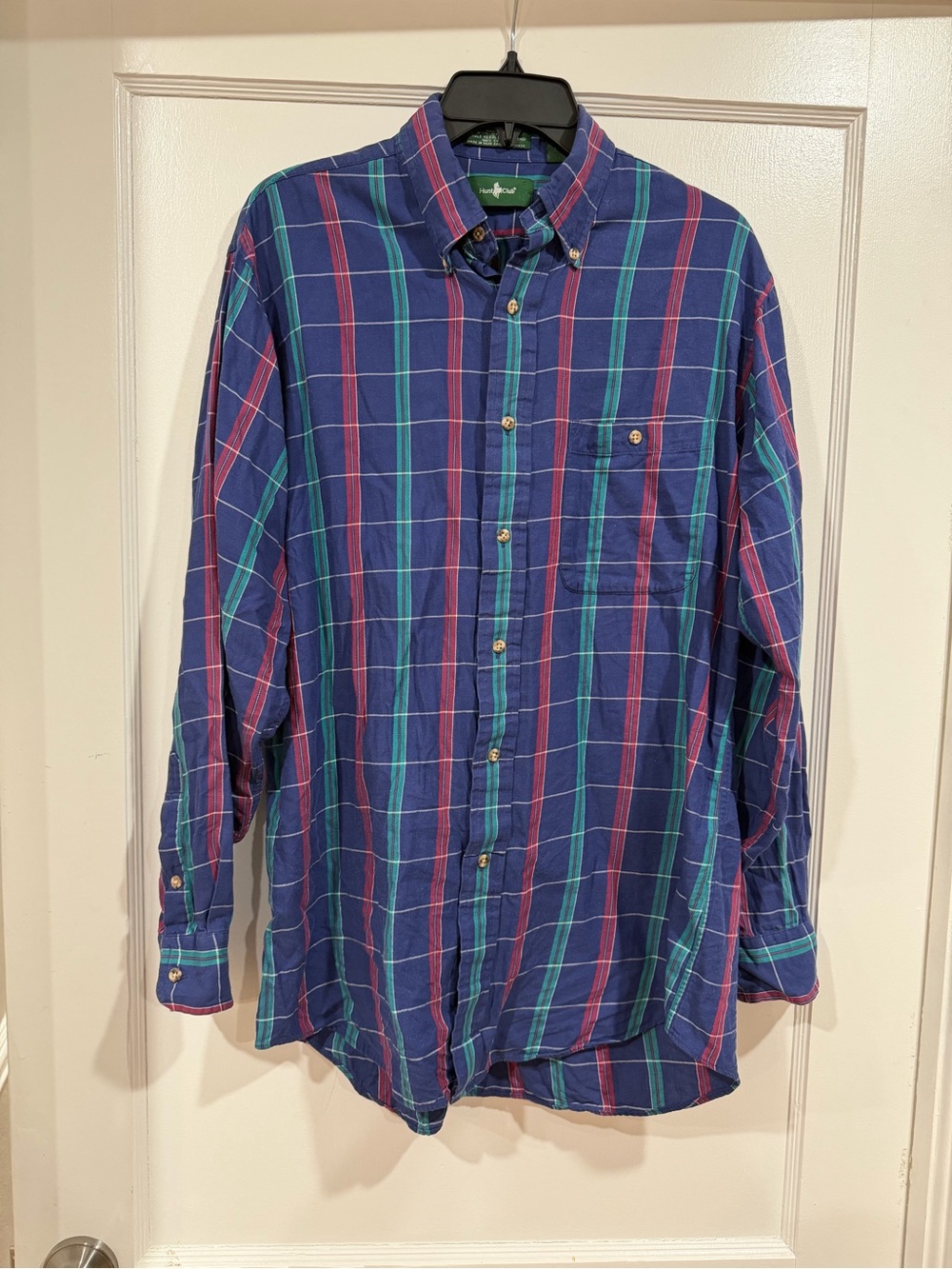 Hunt Club Navy Plaid Button-Down Shirt with Green & Red Stripes